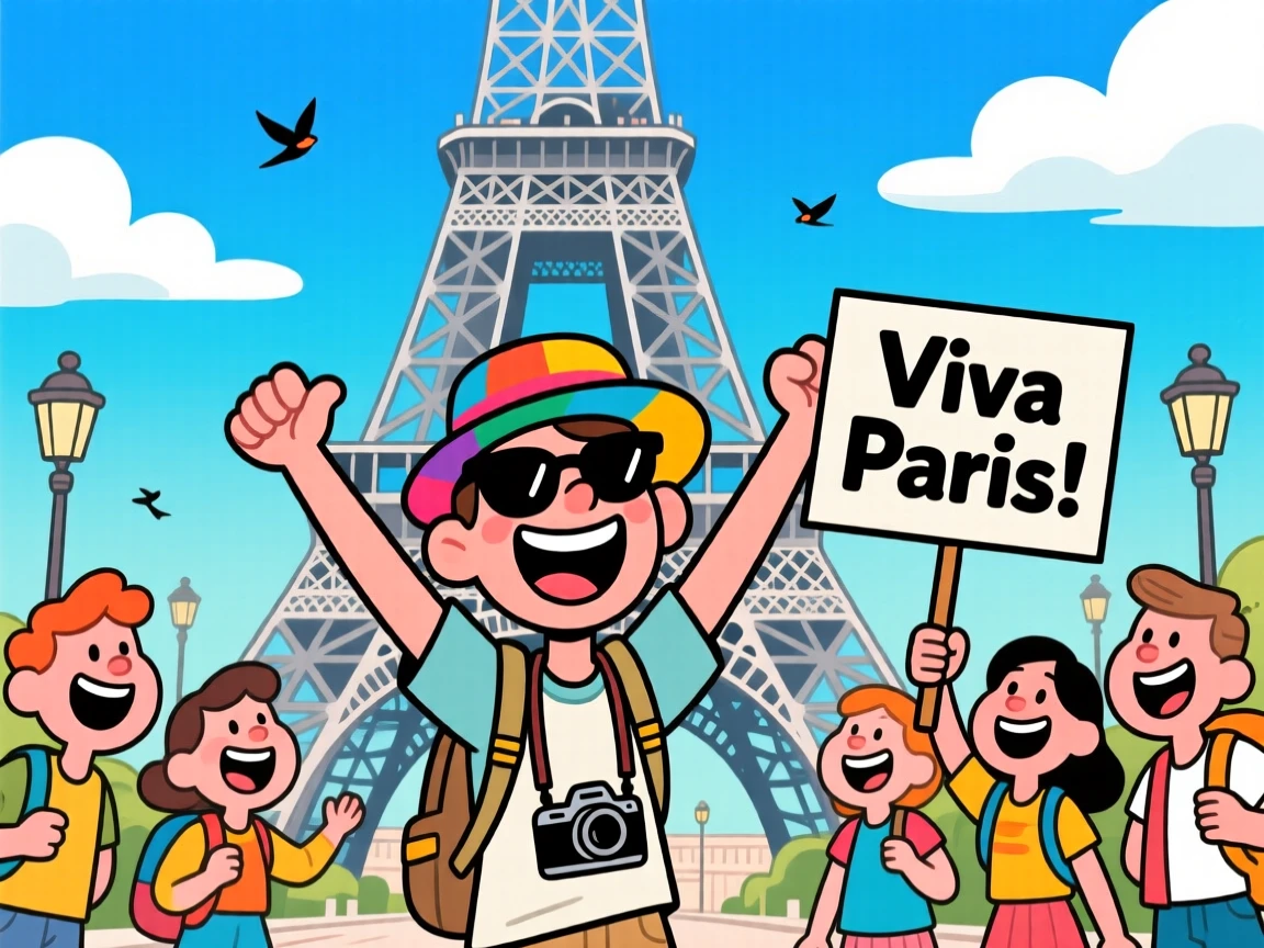 An iconic travel scene featuring a delighted tourist posing joyfully in front of the Eiffel Tower, surrounded by cheerful fellow travelers.