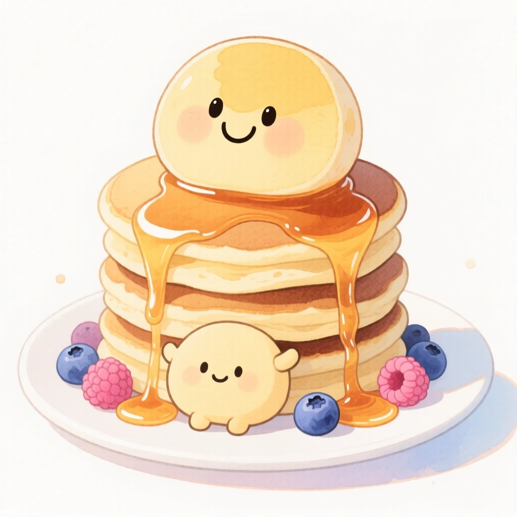 A cozy, appetizing, soft and dreamy scene of a stack of golden pancakes drizzled with syrup and berries