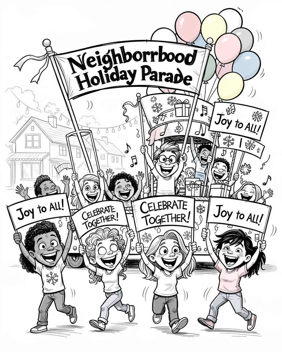 [Seasonal Holidays & Celebrations] Festive scene of a cheerful neighborhood block party parading with festive floats and banners, full of celebration and joy