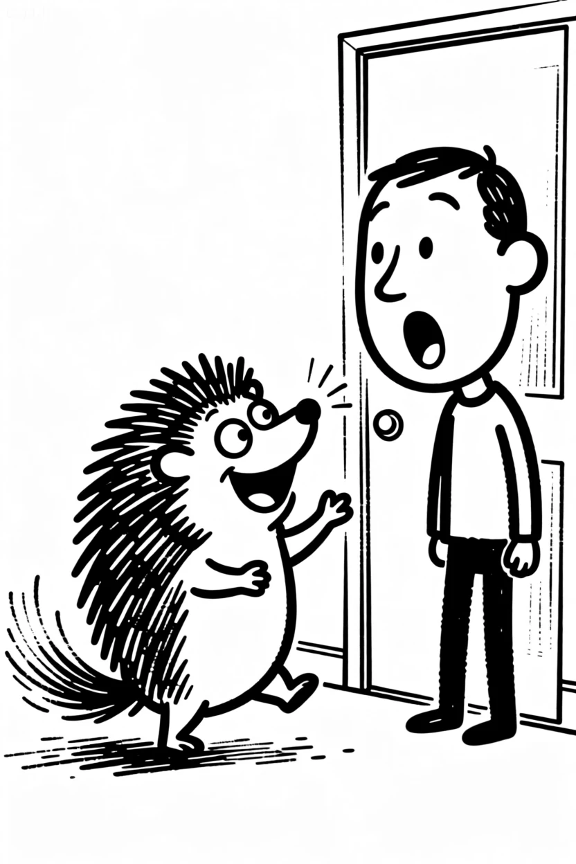 A hedgehog excitedly greeting its owner at the door after a long day, tail a blur.