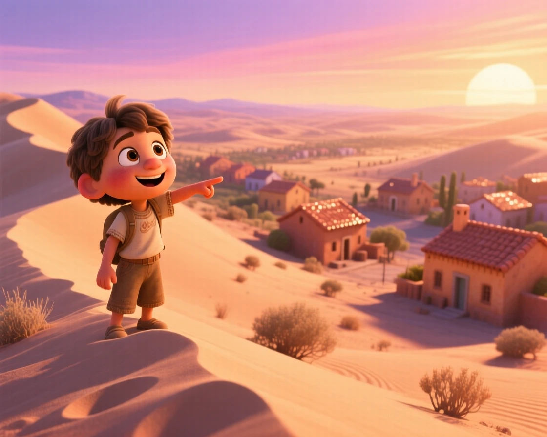 A child pointing excitedly at the view stands along a desert dune ridge at golden hour, taking in the sweeping view below. The mood is adventurous, peaceful, and awe-inspiring, with terracotta rooftops stretching into the distance.