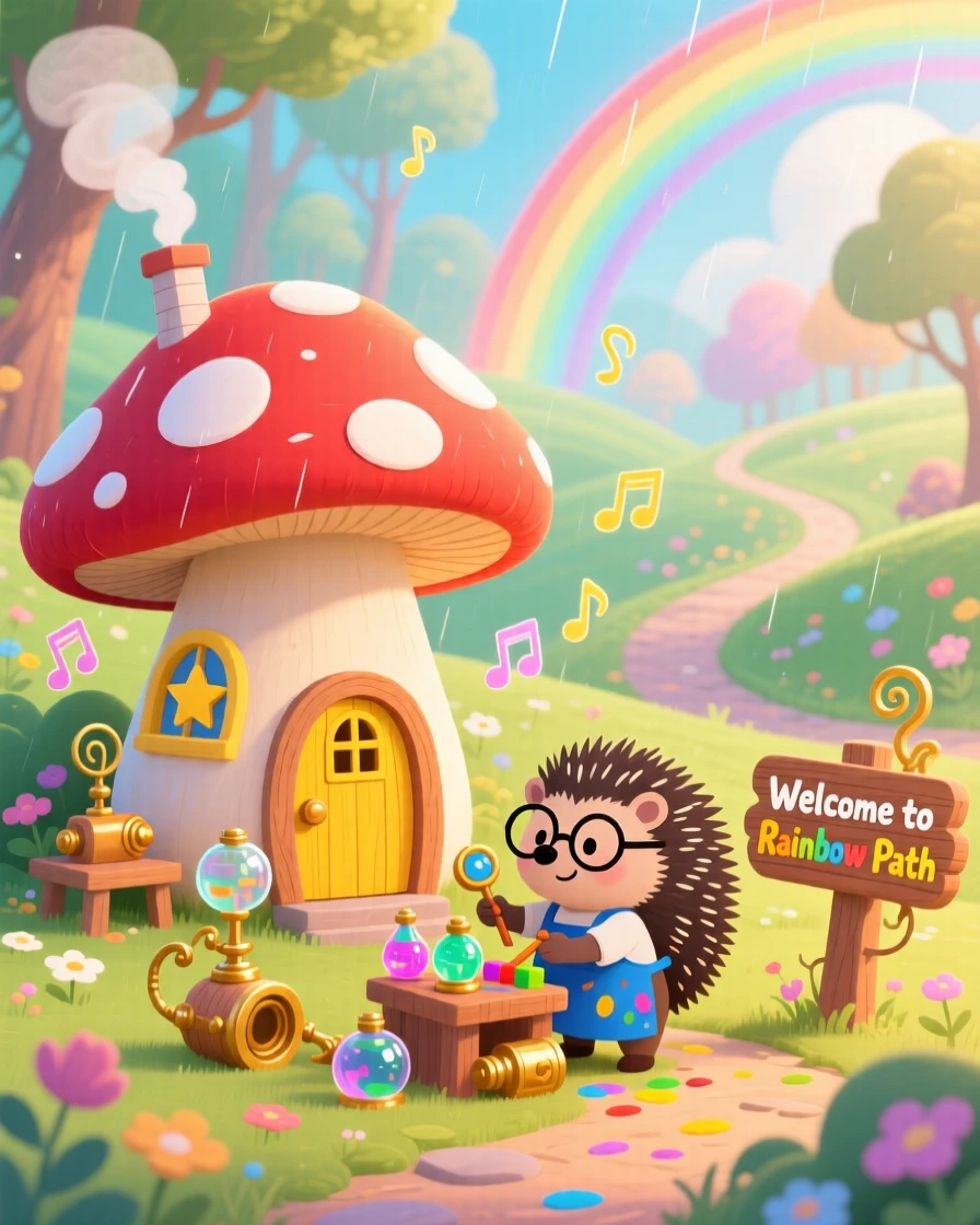 In a land where every path is a rainbow, a hedgehog inventor spends the day living in a house built inside a giant mushroom, as a soft melody seems to hum through the air.