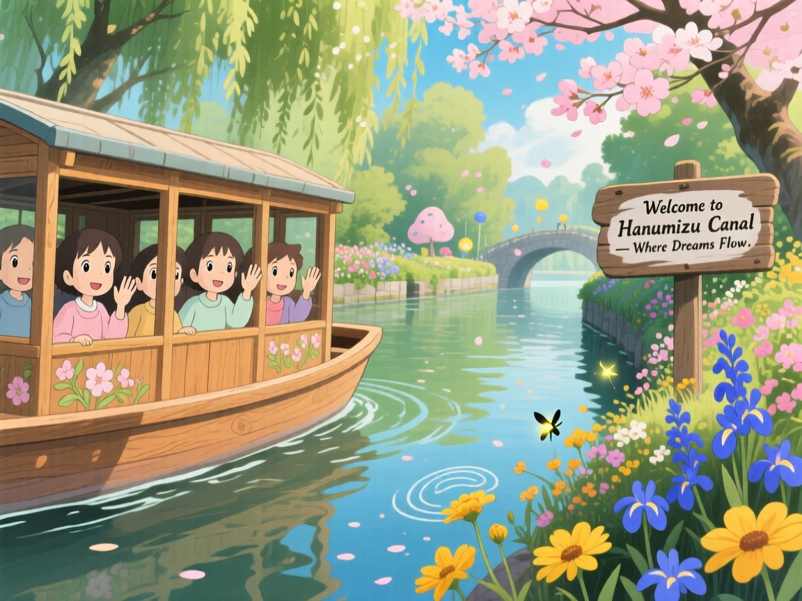 A charming scene of a canal boat drifting slowly past flower-lined banks, as passengers wave from open windows.