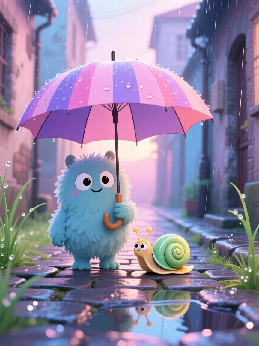 A small fuzzy monster sharing its umbrella with a snail, framed as a symmetrical front-on view within a rainy cobblestone alley, as morning dew glistens on the grass, glowing under soft pastel light of dawn, evoking shy bashfulness.