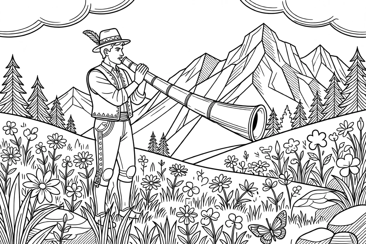 An alpine horn player on a mountain meadow.
