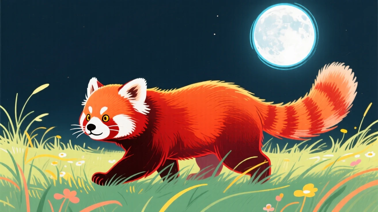 A red panda exploring in a sunlit meadow under a full moon.
