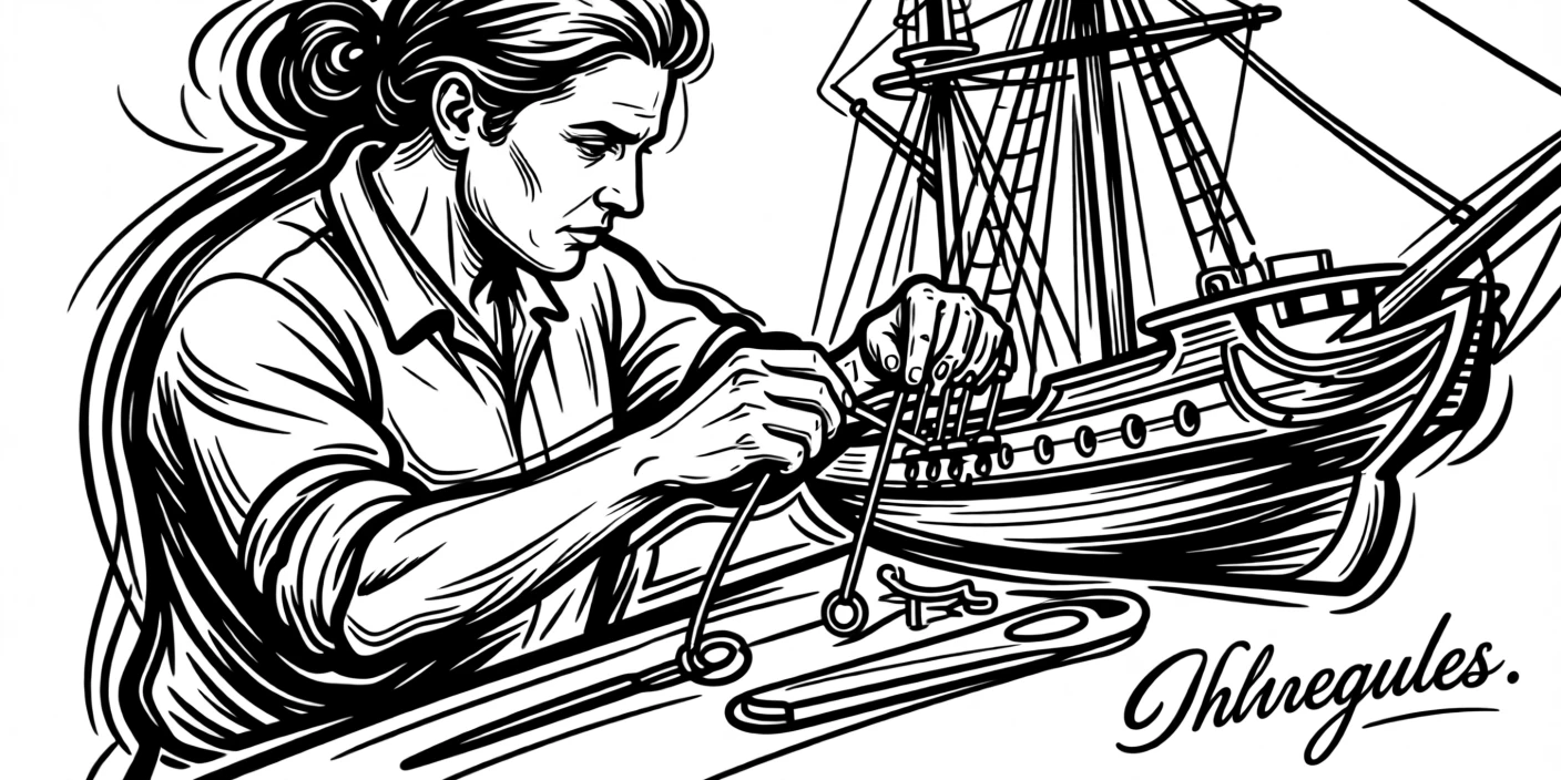 A model ship builder assembling tiny rigging on a detailed vessel.