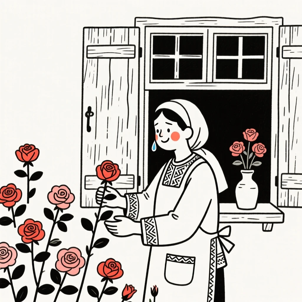 A gardener of iranian heritage tending roses, holding back happy tears, by a rustic farmhouse window.