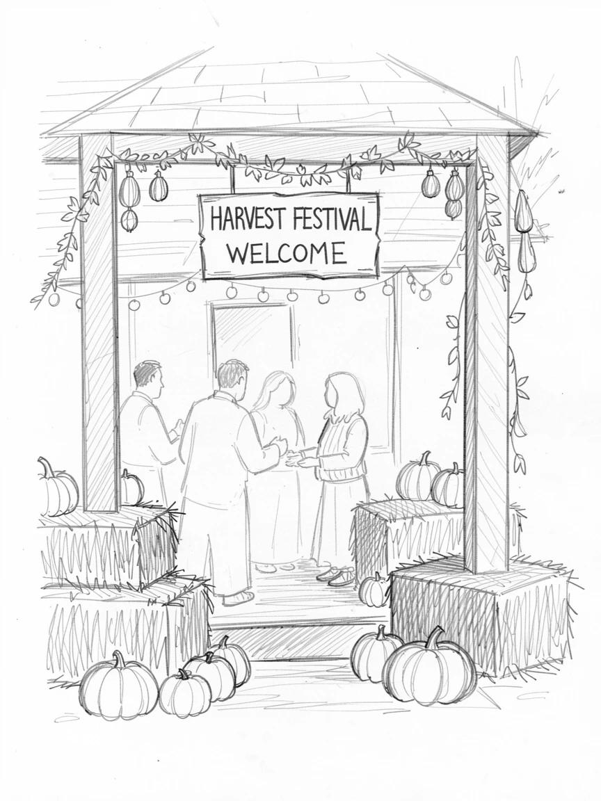 A harvest festival with hay bales and pumpkins, on a decorated porch, with an atmosphere of celebration and togetherness.
