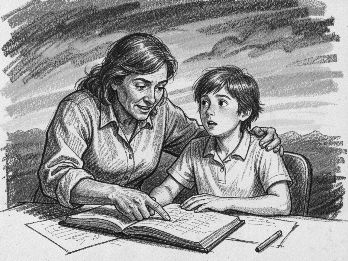 A teacher helping a struggling student finally understand, beneath a sky streaked with sunset colors.