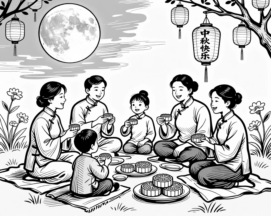 A traditional harvest moon festival with families gathered to share mooncakes.