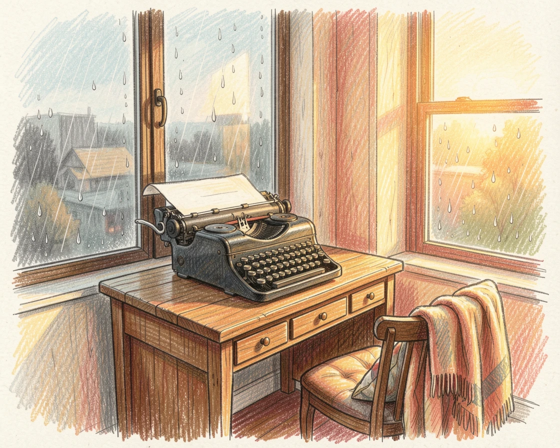 A cozy loft office with a typewriter and a view of falling rain, bathed in the warm glow of golden-hour light, radiating comfort, joy, and quiet beauty.