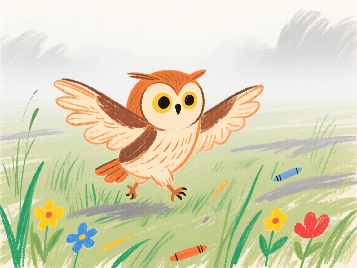 A screech owl crossing a quiet meadow blanketed in morning fog.
