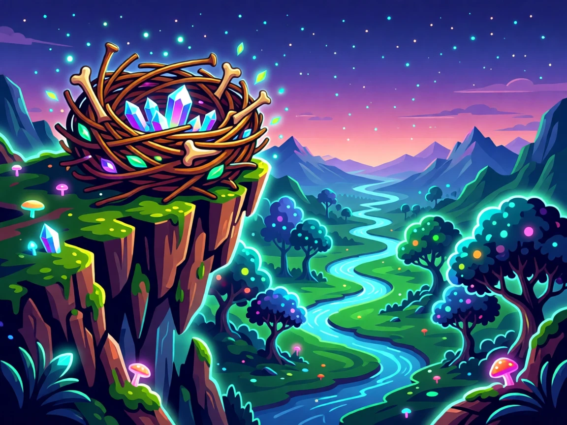 A dragon's nest perched high on a cliff overlooking a mystical valley, set within a mystical realm glowing with soft magical light, arranged with soft sparkles and glowing highlights throughout, with rich jewel tones that evoke wonder and imagination.