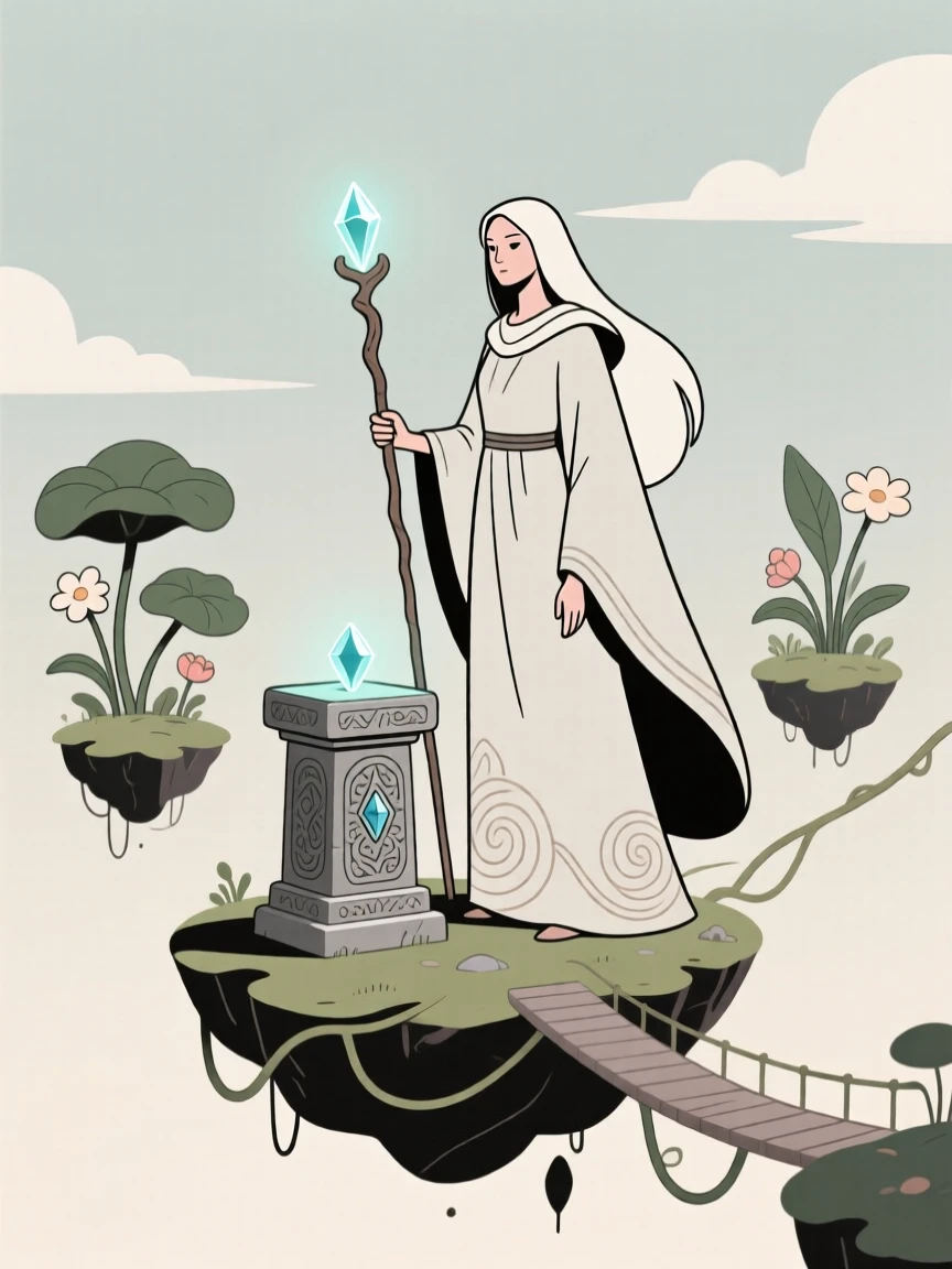 A wandering sorceress guarding an ancient relic near a floating garden.