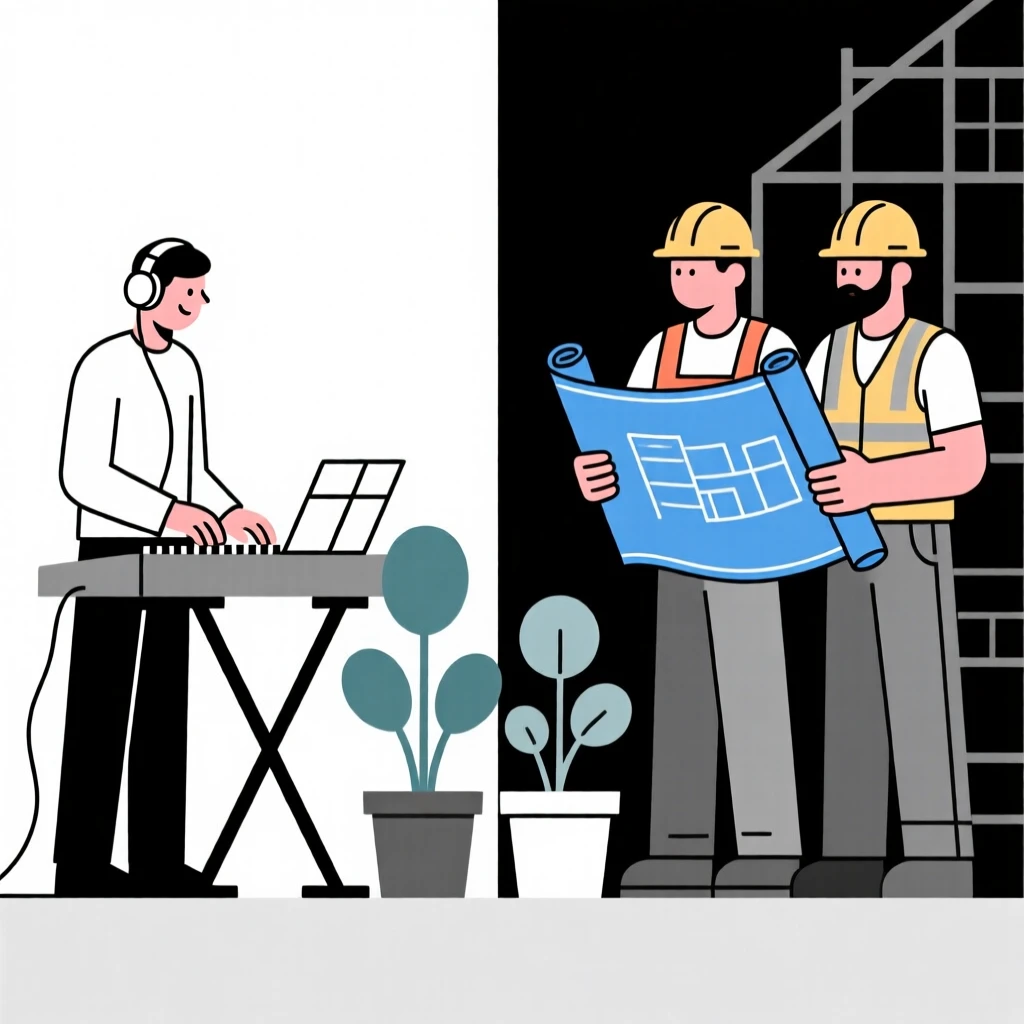 A musician in a studio collaborating with colleagues in a construction site, near potted plants, full of creative problem-solving.