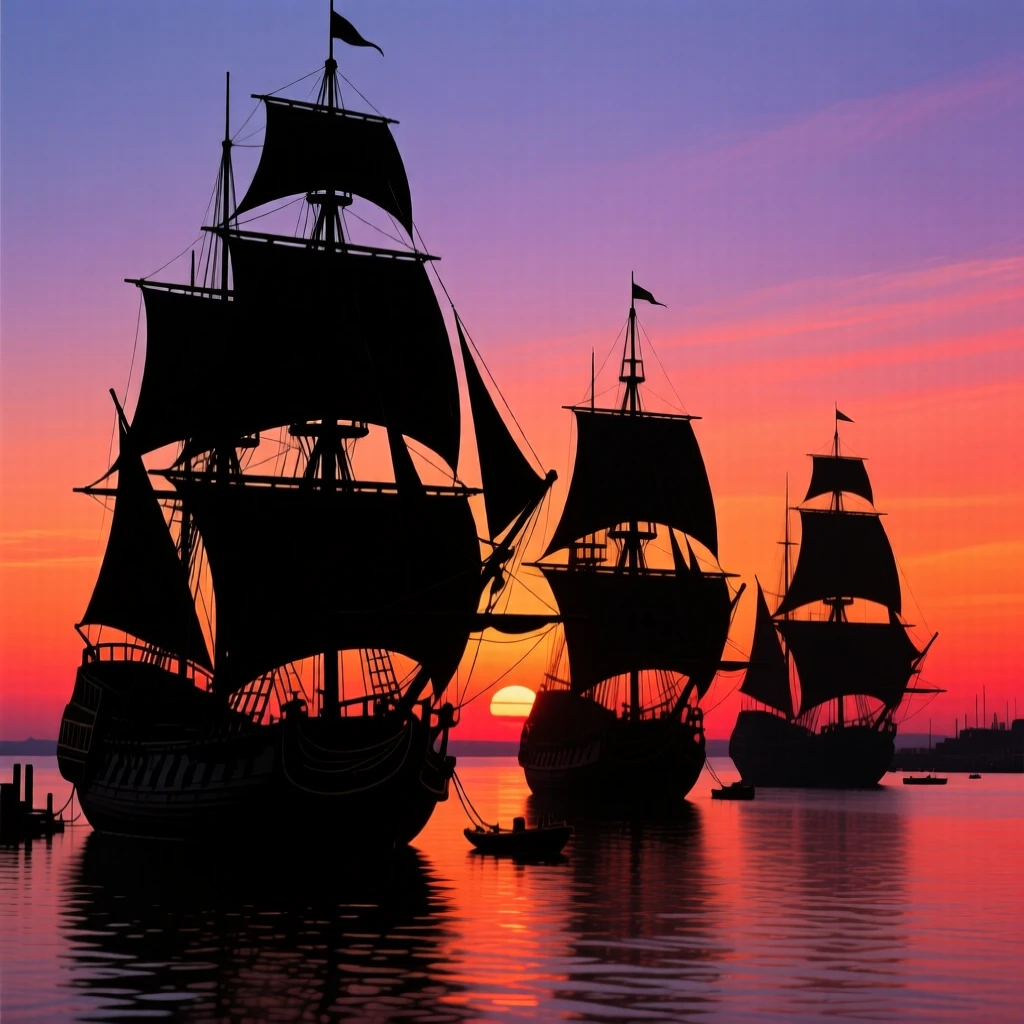 A row of historic ships anchored in a quiet harbor at sunset.