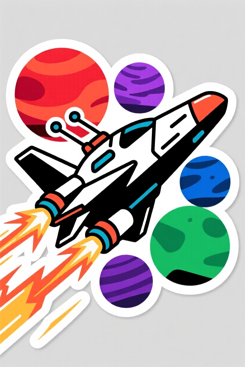 An action-packed retro spaceship cruising past colorful planets, caught mid-action with dramatic energy, during a thrilling made-up quest.
