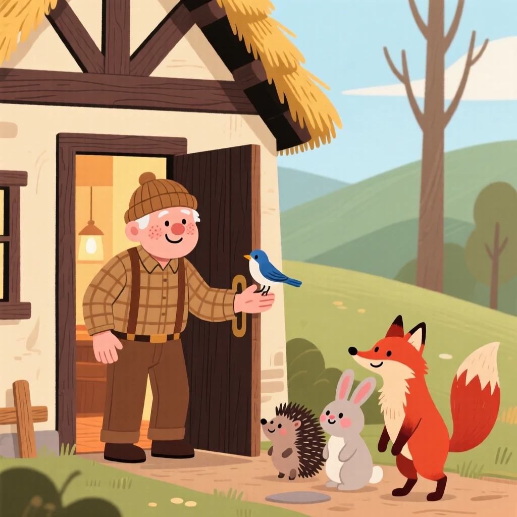 A kind old woodcutter stands at the door of a thatched cottage tucked into a quiet valley, welcoming a group of woodland animals inside from the cold.