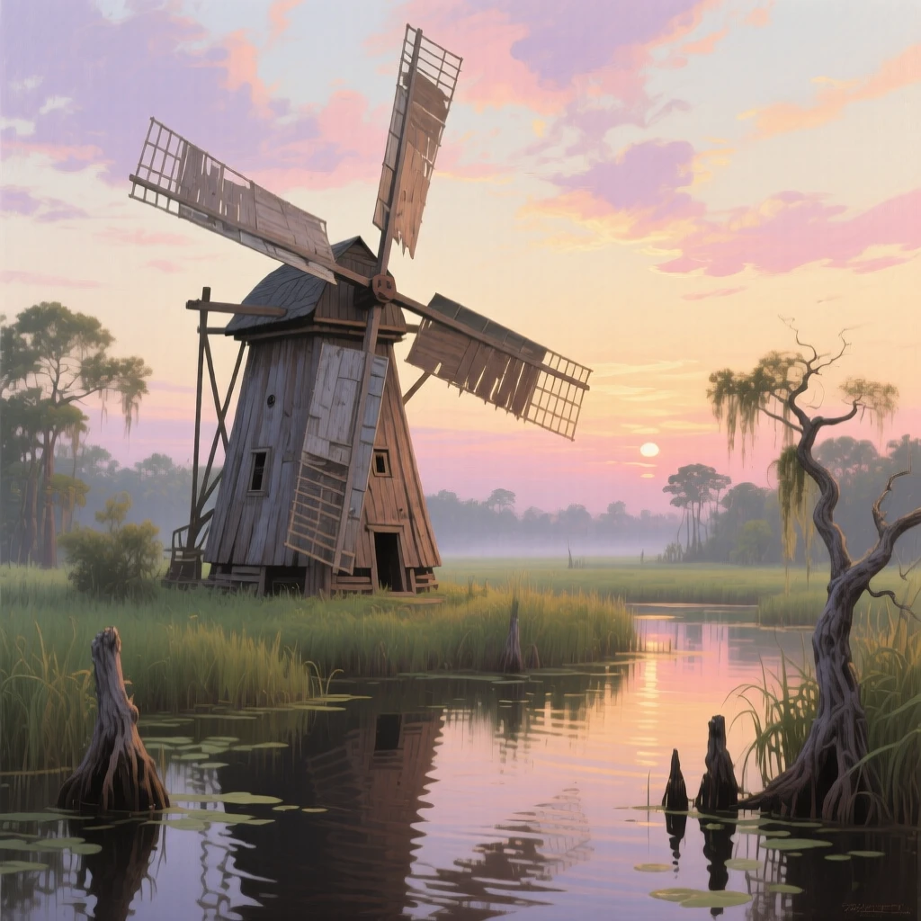 A grand panoramic scene of an old windmill turning slowly against a pastel evening sky, in late afternoon, in the Louisiana bayou.