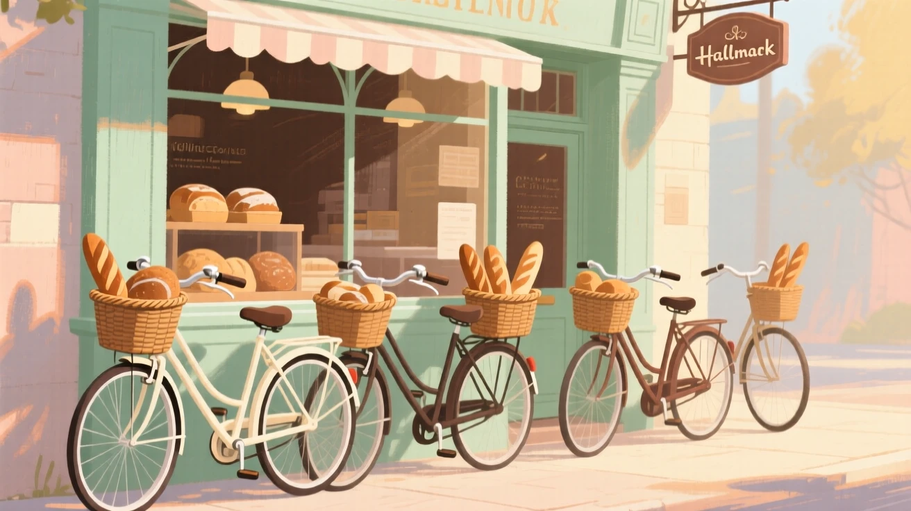 A row of bicycles parked outside a bakery with baskets full of bread