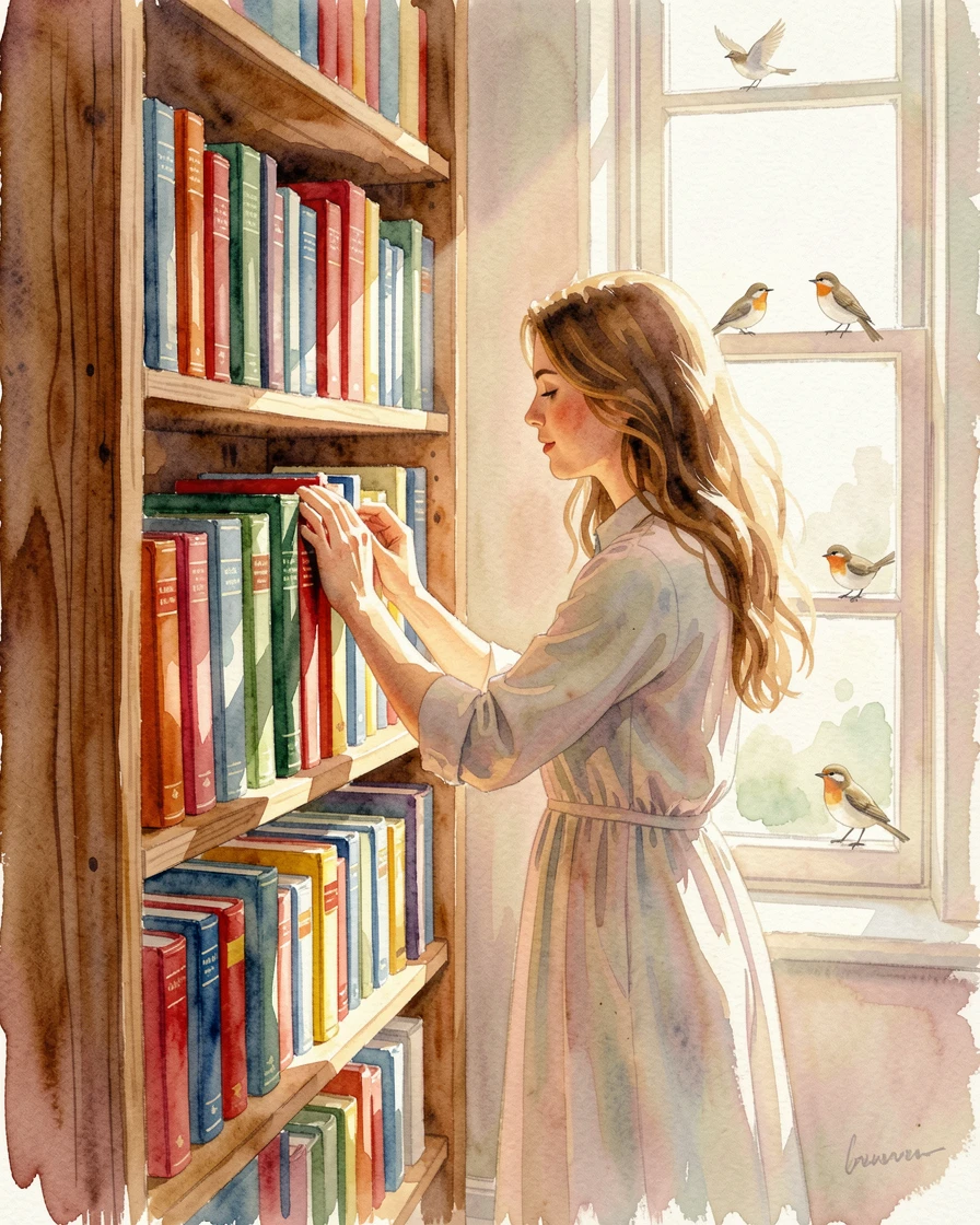 A woman arranging a bookshelf filled with colorful spines as birds chirp softly in the background.