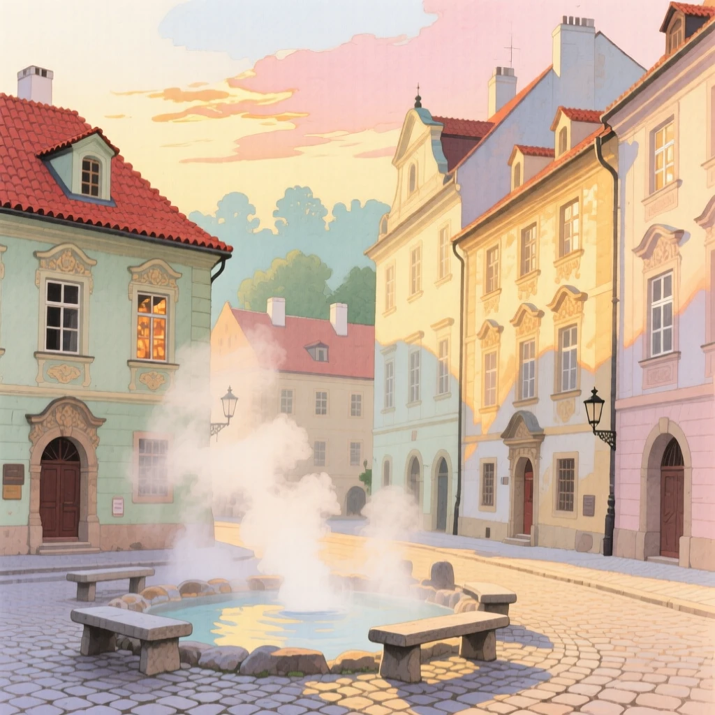 A picturesque view of an old quarter in Prague with steam rising from natural hot springs, at golden hour