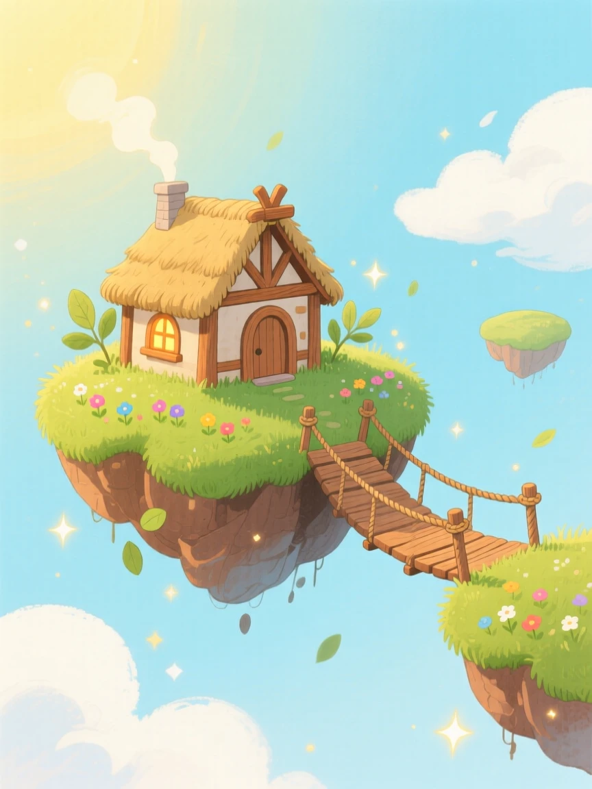 A floating island connected by a rope bridge, bathed in soft magical light.