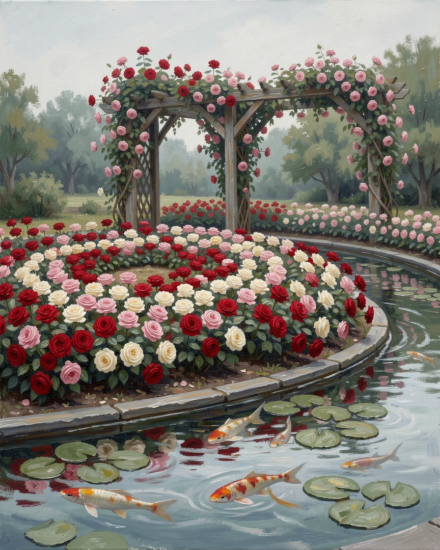 A rose garden arranged in concentric circles, climbing roses spilling over an old wooden trellis, beside a koi pond with lily pads drifting on the surface, on a soft, overcast afternoon perfect for wandering.