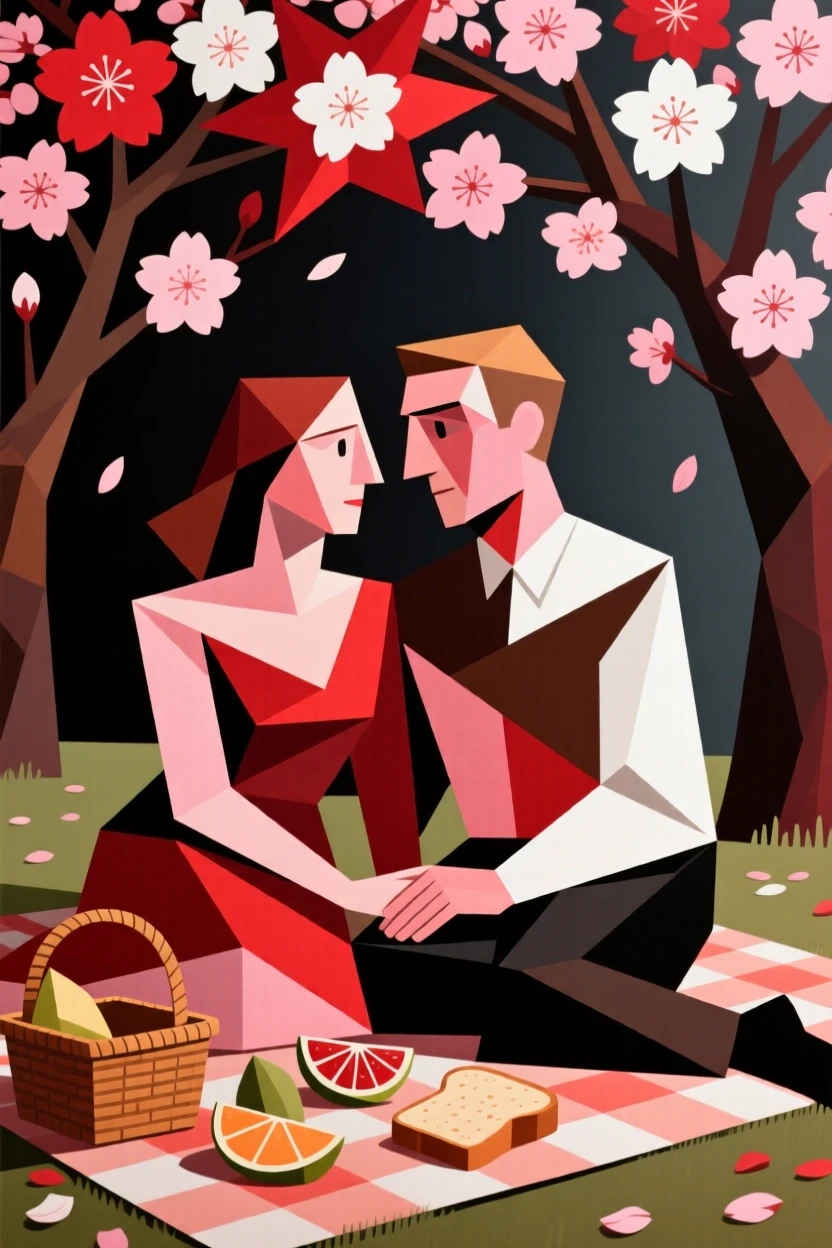 A couple sharing a quiet picnic beneath cherry blossoms in full bloom.