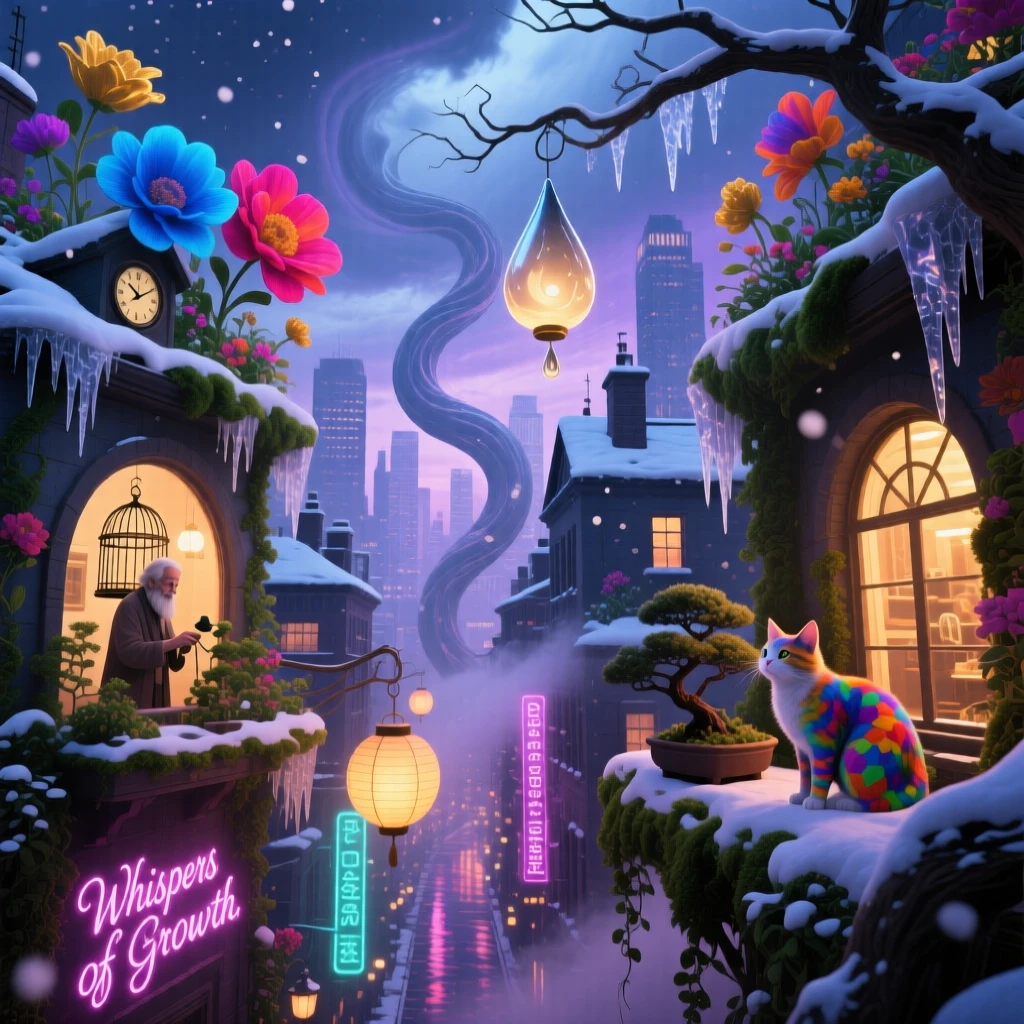 A city where every rooftop is a small, tended garden rests peacefully beneath a blanket of drifting snow, as soft snow drifts silently past warmly lit windows.