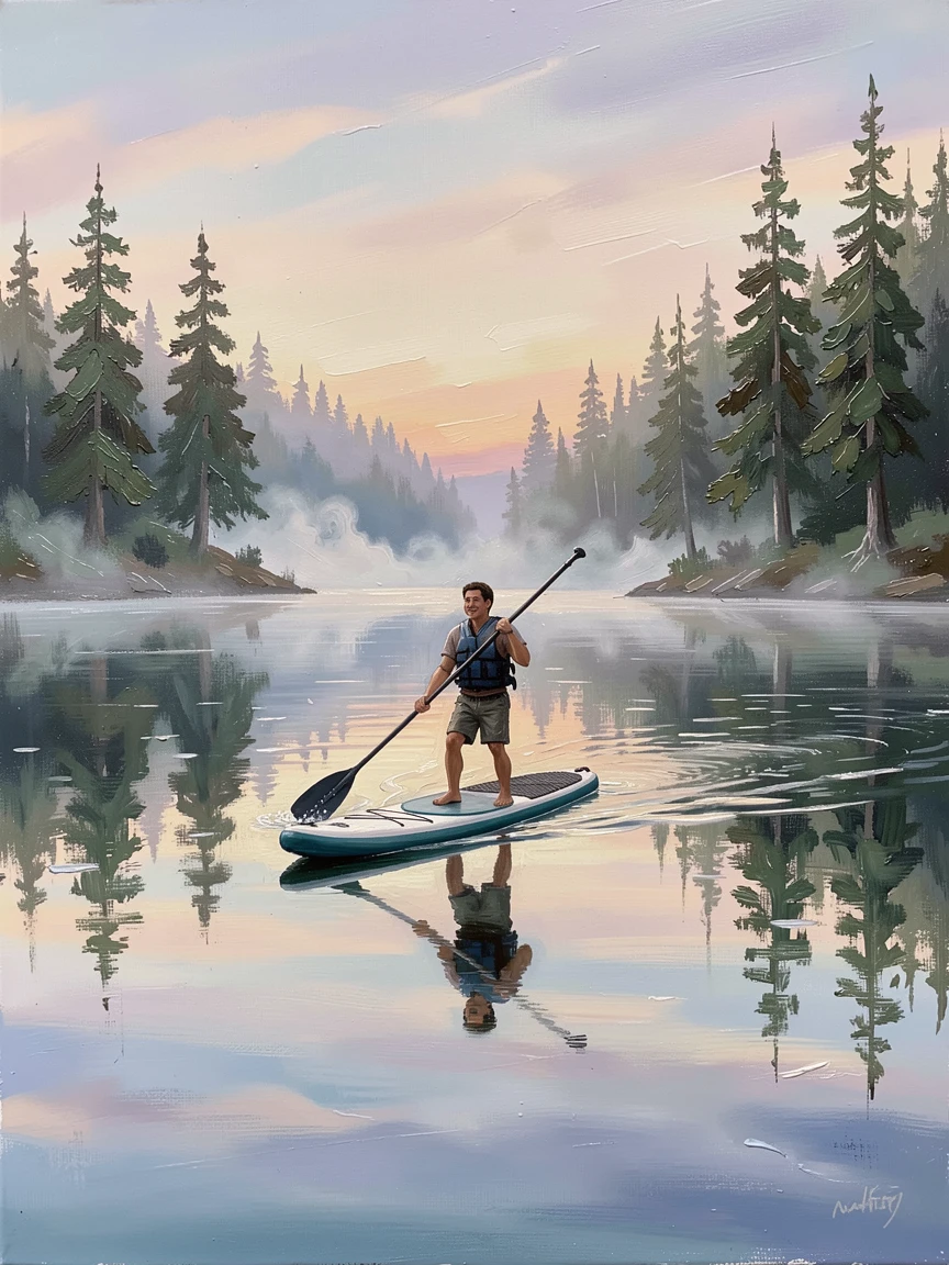A stand-up paddleboarder glides across a glassy lake at sunrise in the Pacific Northwest, mist rising from the still water around them, a quiet sense of accomplishment visible in the posture and expression of those involved.
