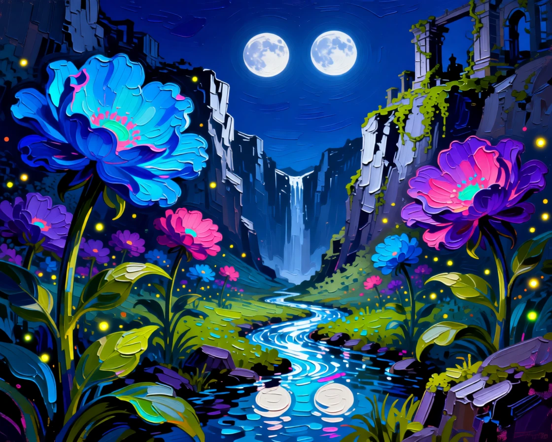 A hidden valley where giant glowing flowers bloom beneath twin moons