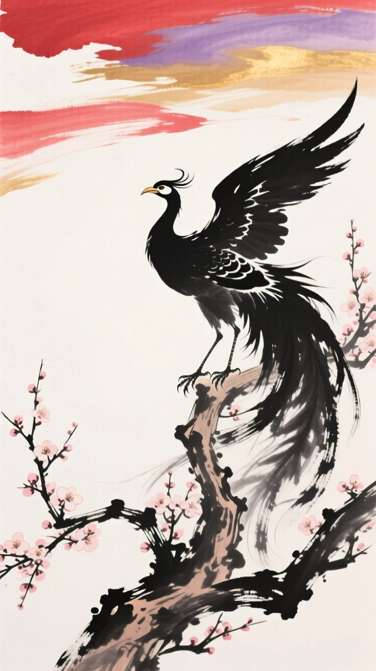 A phoenix spreads its brilliant wings atop a blossoming tree, beneath a sky streaked with brilliant color.