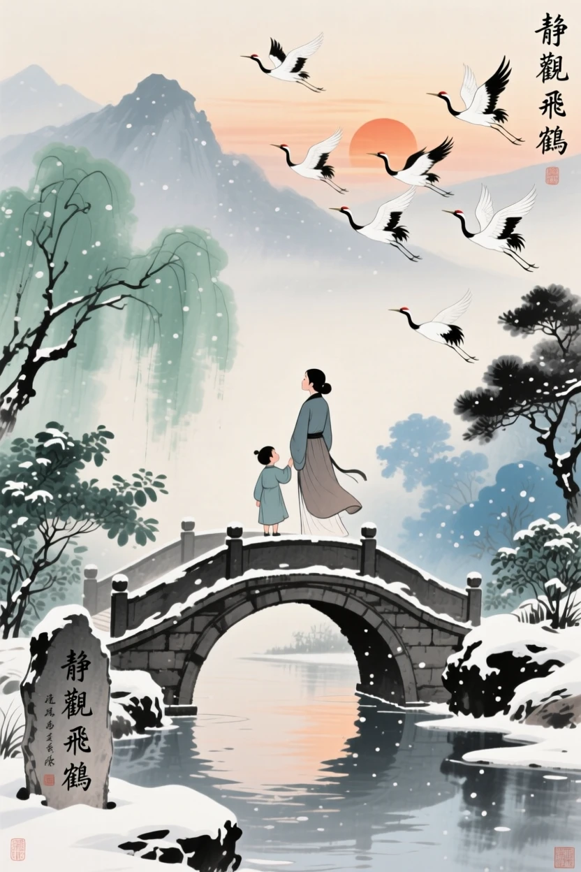 A mother and child watching cranes take flight from a garden bridge, beneath softly falling snow, as the sun sets behind distant peaks.