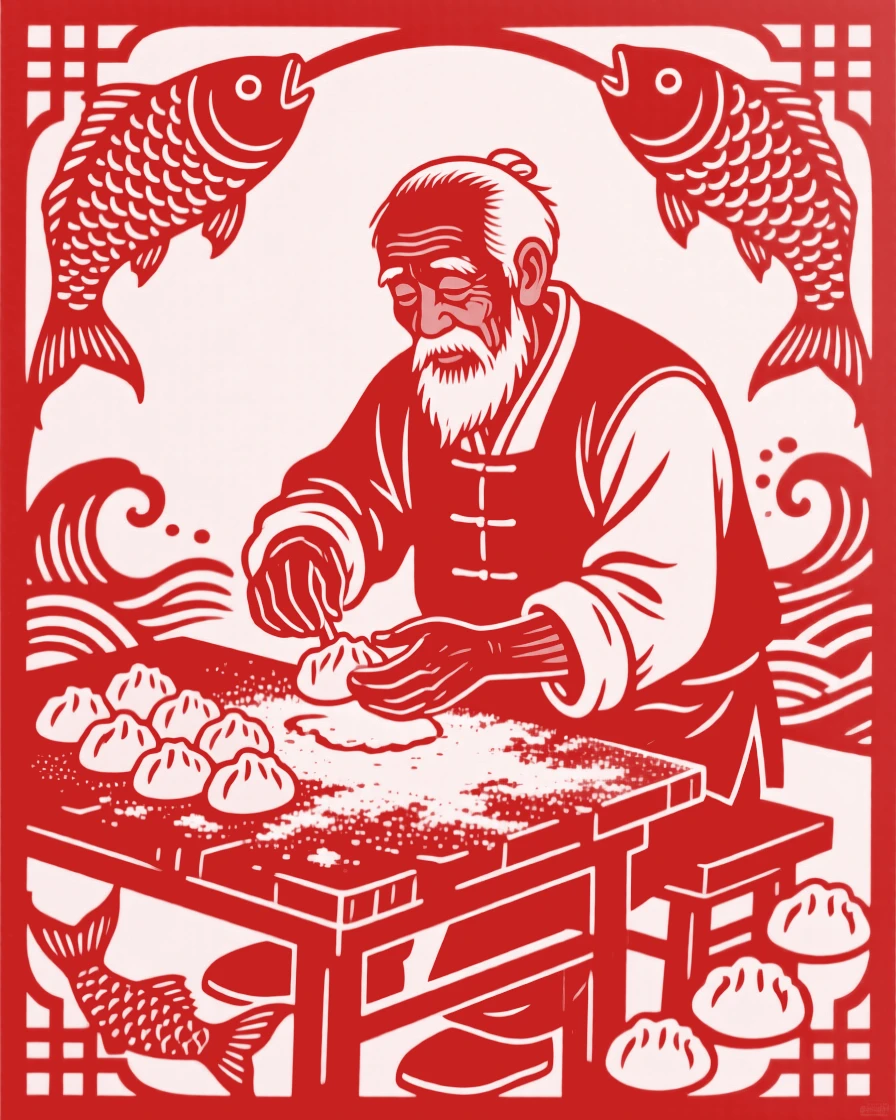 An old fisherman, folding dumplings at a flour-dusted table, in capturing an ordinary moment made meaningful by togetherness.
