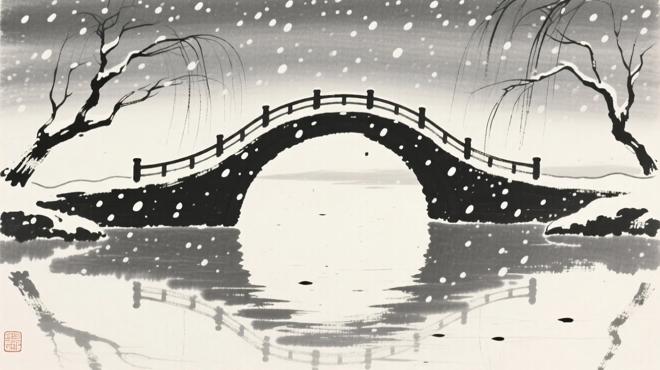 A curved arch bridge beneath a canopy of falling snow, seen from across still water, reflected on the surface, suggesting timeless craftsmanship and peaceful tradition.