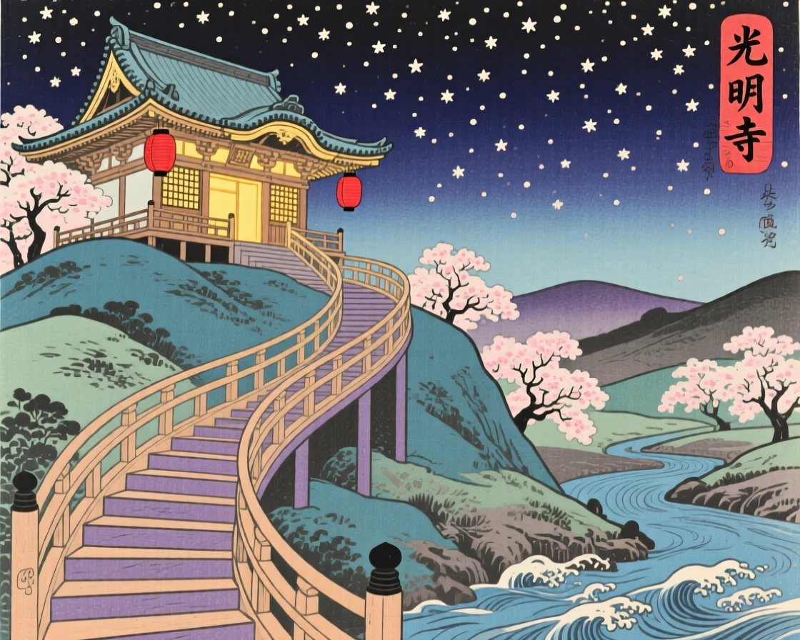 A spiral staircase winding toward a glowing temple, reaching toward a field of stars.