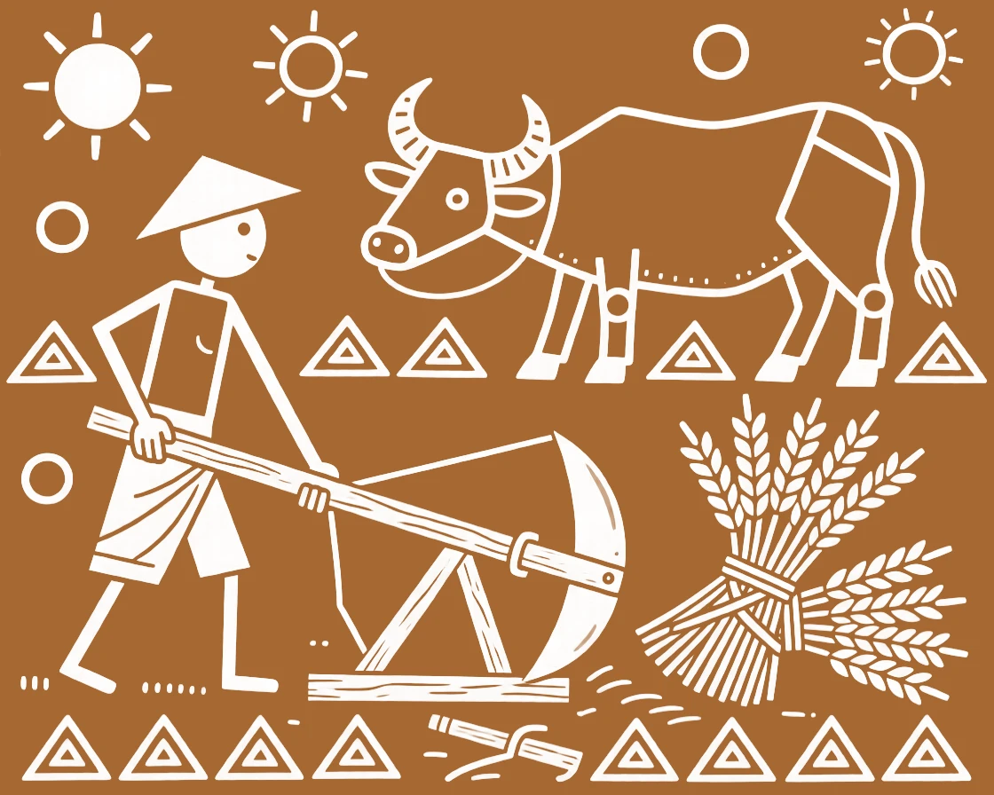 A farmer repairing a wooden plow carrying bundles of freshly cut crops home.