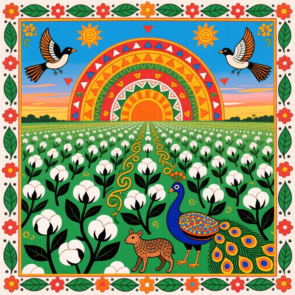 A field of blooming cotton stretching beneath a wide harvest sky.