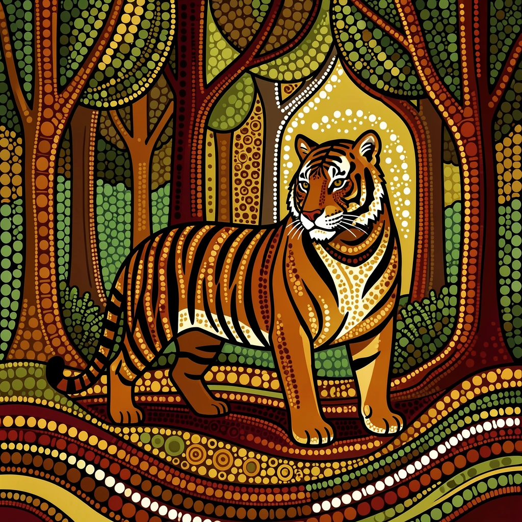 A tiger pausing at the edge of a forest