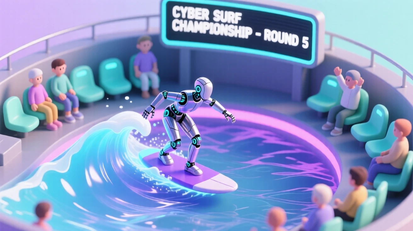 A cybernetic surfer riding a wave of light in a futuristic simulated ocean arena, spectators cheering from glowing seats.
