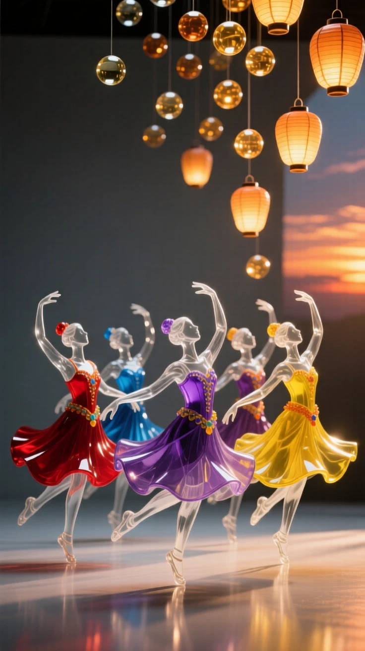 A gathering of dancers in vivid costumes performing at sunset, beneath a sky lit by hundreds of floating lanterns