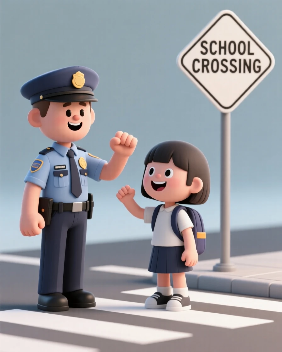 A cheerful crossing guard fist-bumps a smiling student on the first day of a new school year.