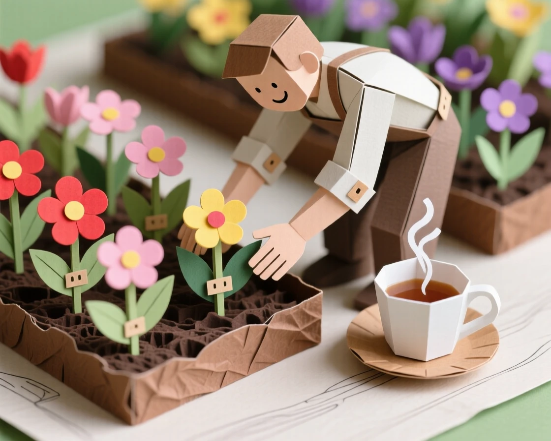 A devoted gardener tending rows of blooming plants, with a cup of tea resting close by, conveying quiet joy in a beloved pursuit.