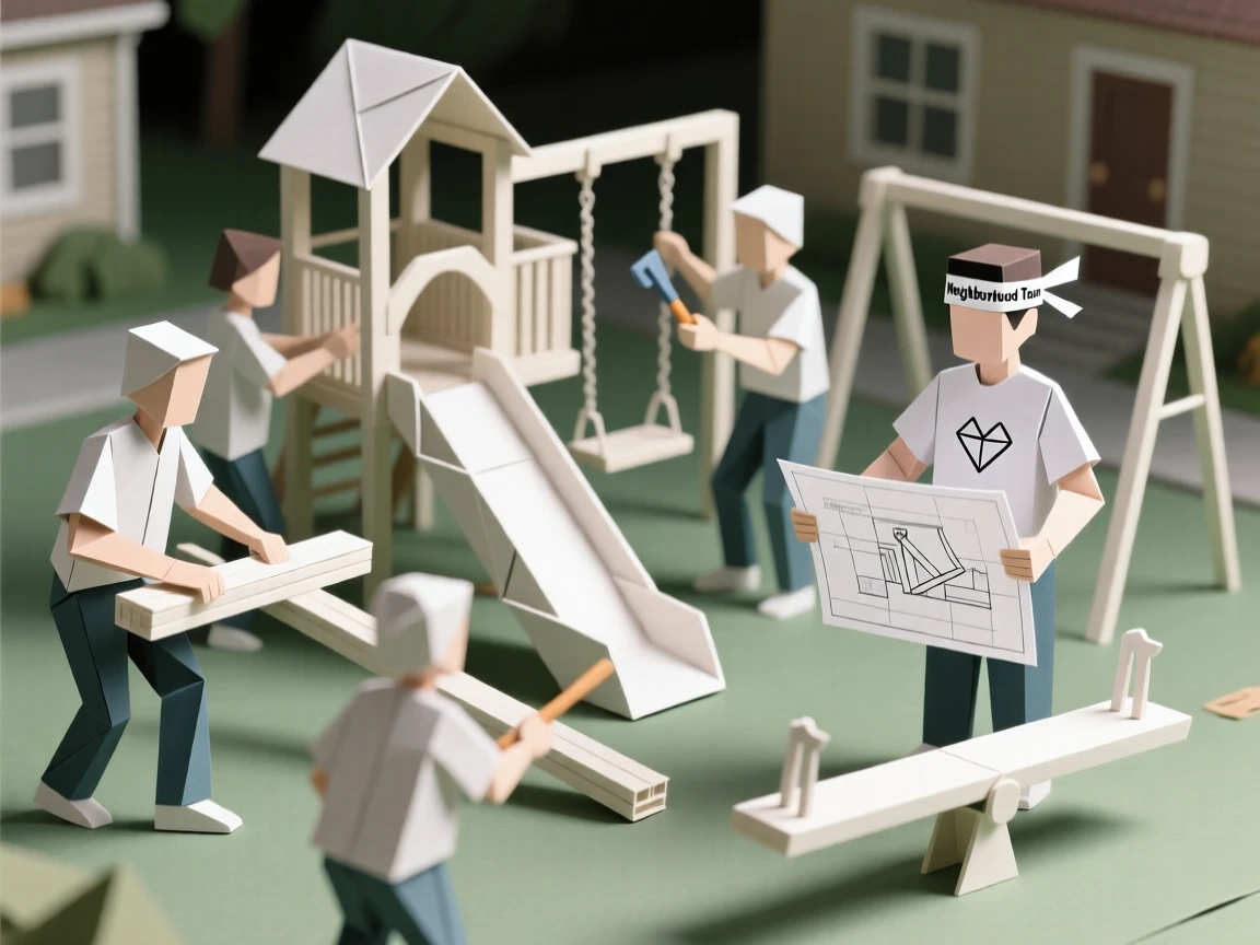 A team of volunteers building a playground together for a local neighborhood.