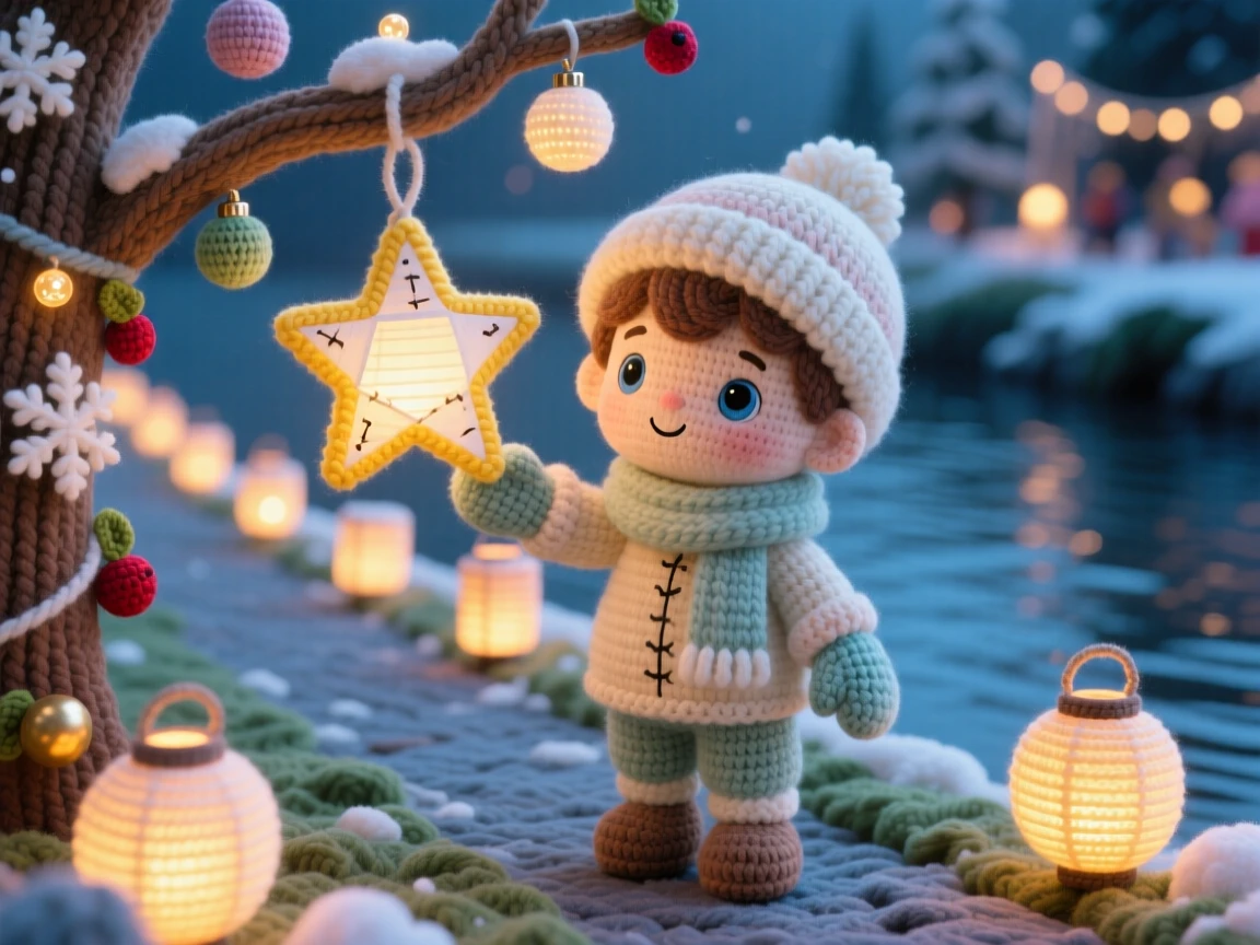 a small boy holding a small paper lantern shaped like a star, for a winter festival, hanging it on a decorated tree, at a riverside path lit with floating lanterns, with a row of glowing lanterns lining the path, radiating heartfelt togetherness during a special gathering.