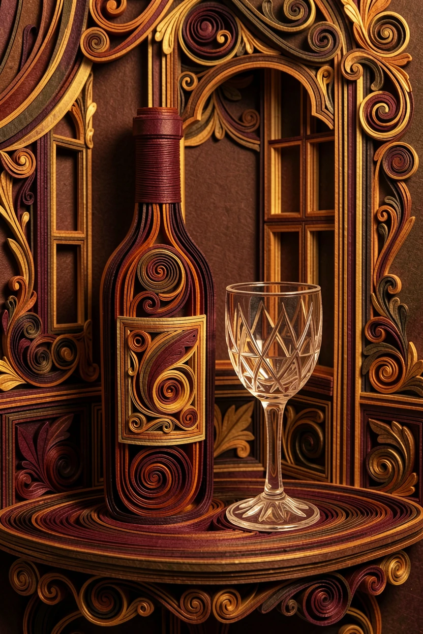 a bottle of vintage wine beside a crystal glass, in a chic Parisian apartment, framed with rich, deep shadows for contrast, with warm amber lighting throughout.