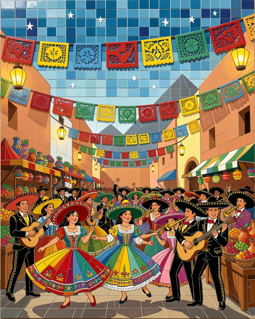 A vibrant, festive scene of a lively street festival in Mexico with papel picado banners overhead, rich in color and cultural detail.