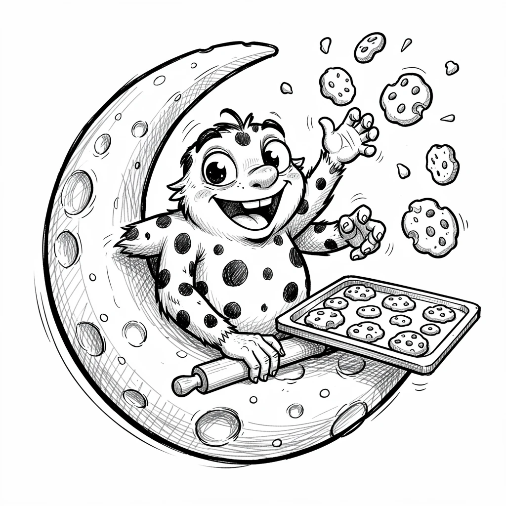 A monster with polka-dot fur baking cookies on the surface of a cheerful cartoon moon.